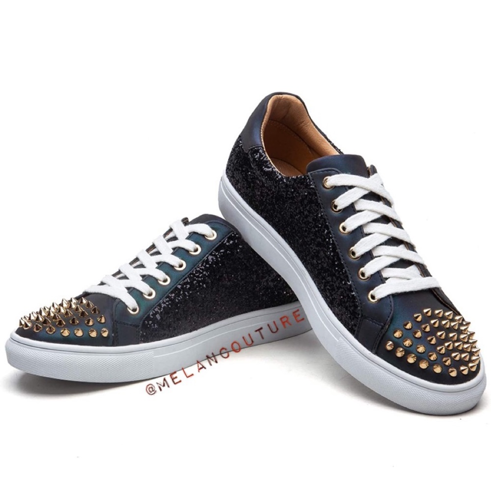 Black Green Spike Studded , Glitter Sneakers